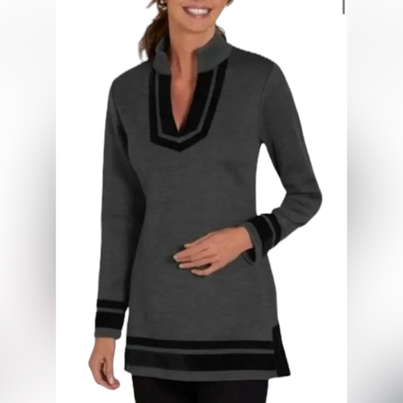 Soft Surroundings GRAY wool sweater BLACK velvet trim Runway Pullover womens Lrg - Picture 1 of 13